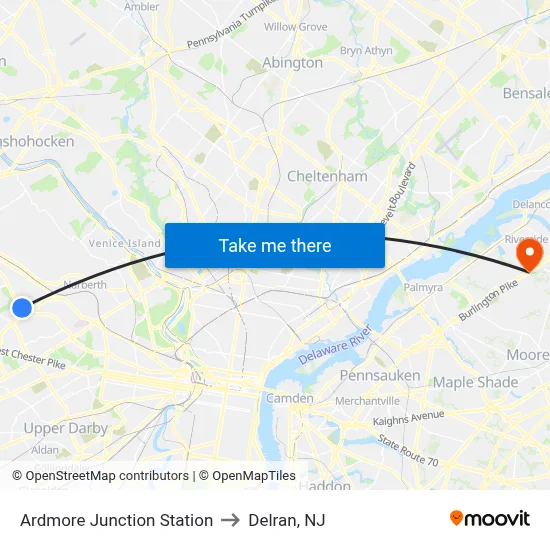 Ardmore Junction Station to Delran, NJ map