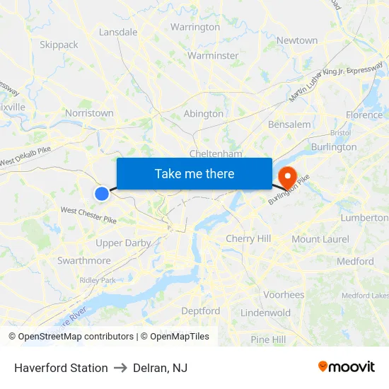 Haverford Station to Delran, NJ map