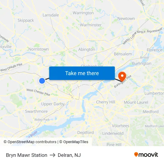 Bryn Mawr Station to Delran, NJ map