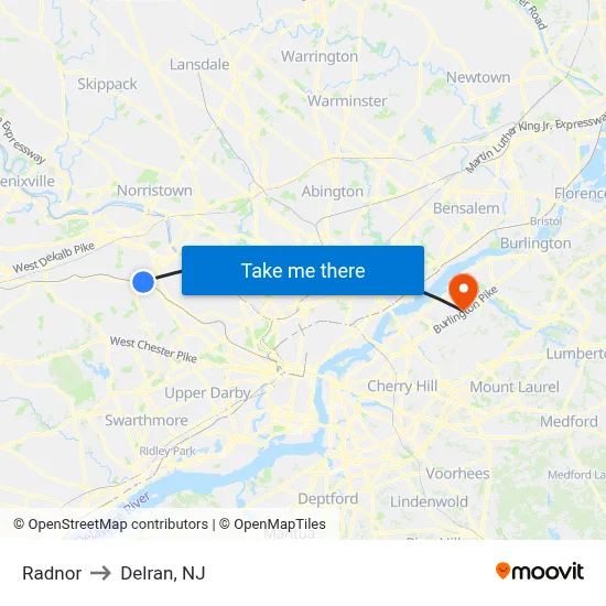 Radnor to Delran, NJ map