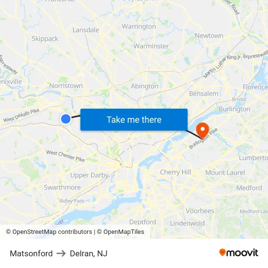 Matsonford to Delran, NJ map