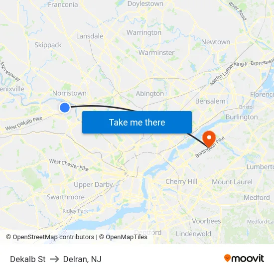 Dekalb St to Delran, NJ map