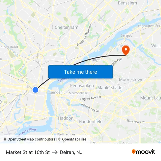 Market St at 16th St to Delran, NJ map