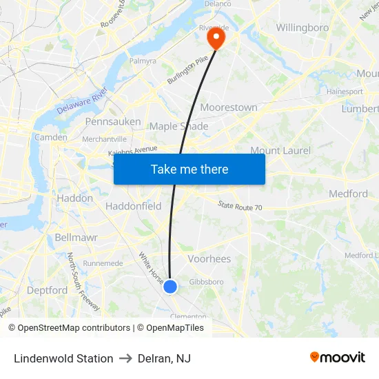 Lindenwold Station to Delran, NJ map