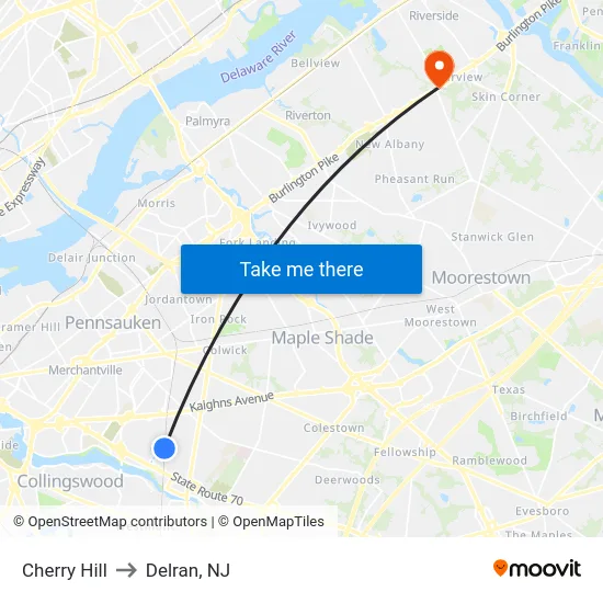 Cherry Hill to Delran, NJ map