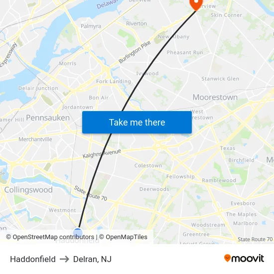 Haddonfield to Delran, NJ map
