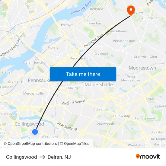 Collingswood to Delran, NJ map