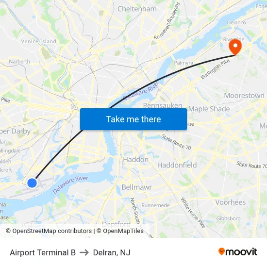 Airport Terminal B to Delran, NJ map
