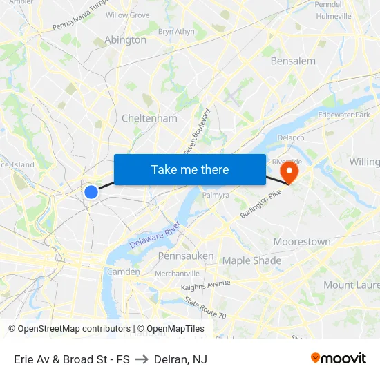 Erie Av & Broad St - FS to Delran, NJ map