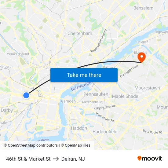 46th St & Market St to Delran, NJ map