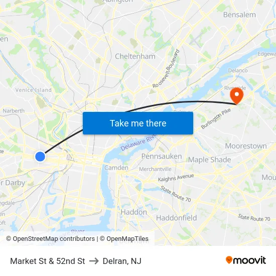 Market St & 52nd St to Delran, NJ map