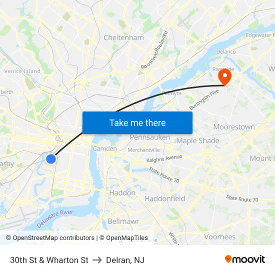 30th St & Wharton St to Delran, NJ map