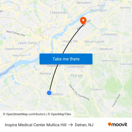 Inspira Medical Center Mullica Hill to Delran, NJ map