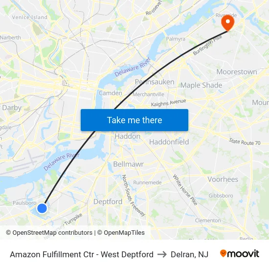 Amazon Fulfillment Ctr - West Deptford to Delran, NJ map