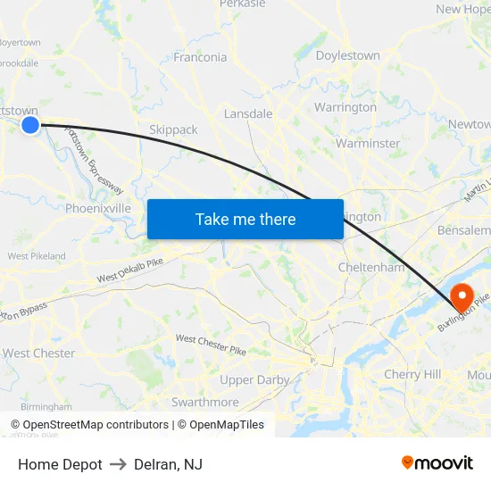 Home Depot to Delran, NJ map