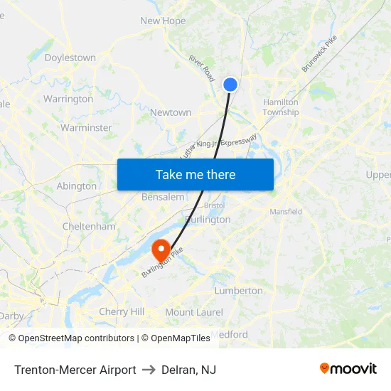 Trenton-Mercer Airport to Delran, NJ map