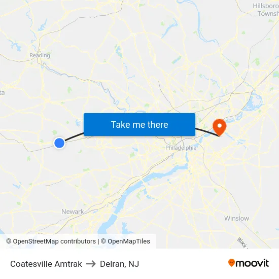 Coatesville Amtrak to Delran, NJ map