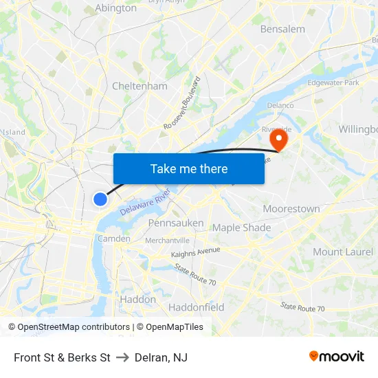 Front St & Berks St to Delran, NJ map