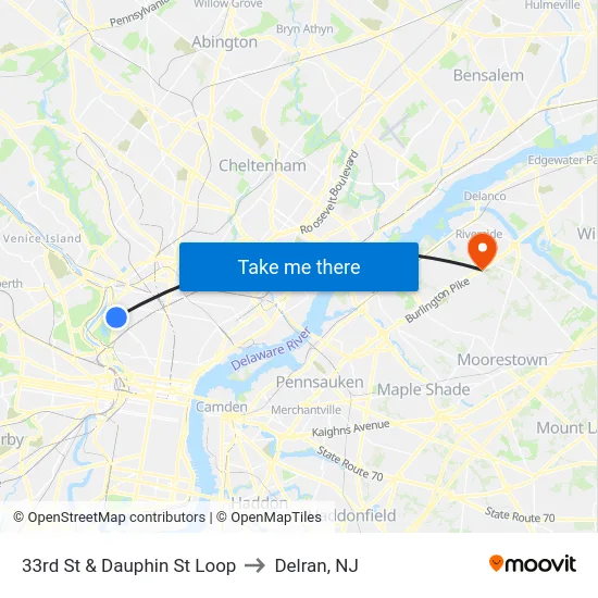 33rd St & Dauphin St Loop to Delran, NJ map
