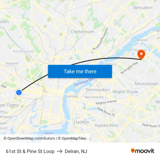 61st St & Pine St Loop to Delran, NJ map