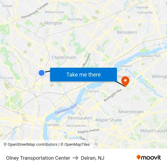 Olney Transportation Center to Delran, NJ map