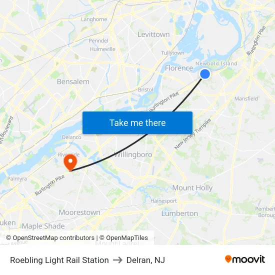 Roebling Light Rail Station to Delran, NJ map