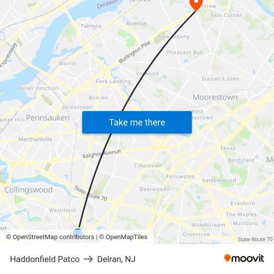 Haddonfield Patco to Delran, NJ map