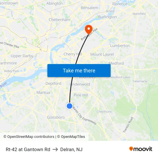 Rt-42 at Gantown Rd to Delran, NJ map