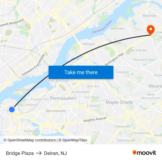 Bridge Plaza to Delran, NJ map