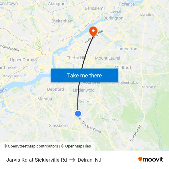 Jarvis Rd at Sicklerville Rd to Delran, NJ map