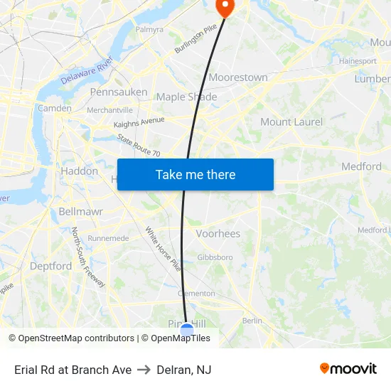 Erial Rd at Branch Ave to Delran, NJ map