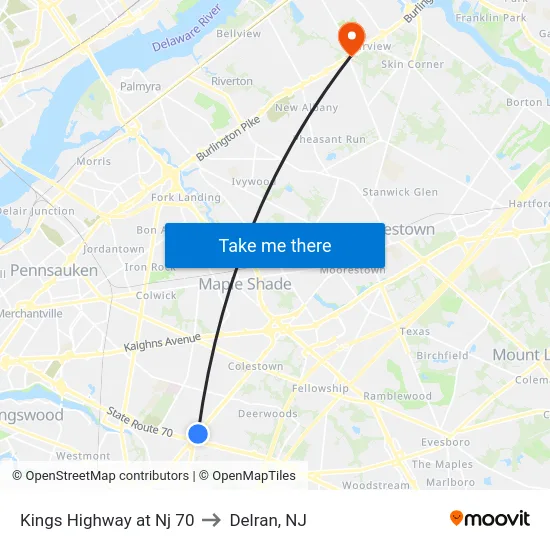 Kings Highway at Nj 70 to Delran, NJ map