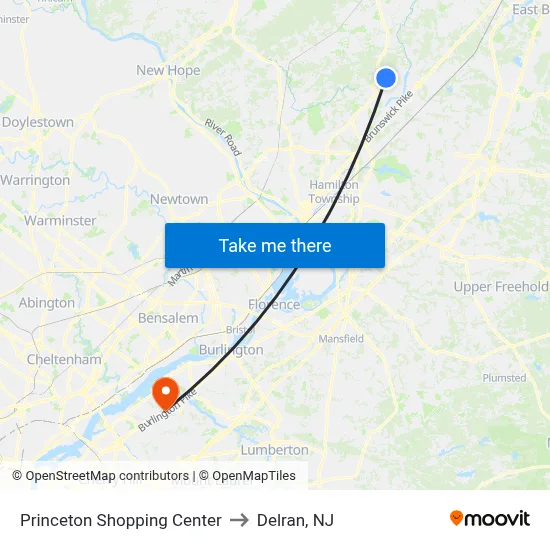 Princeton Shopping Center to Delran, NJ map