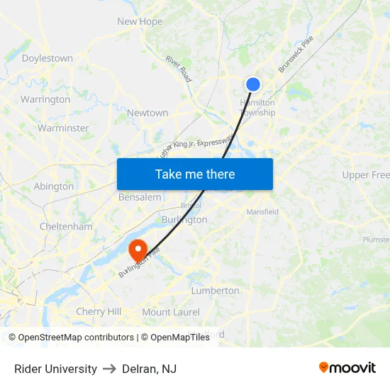 Rider University to Delran, NJ map