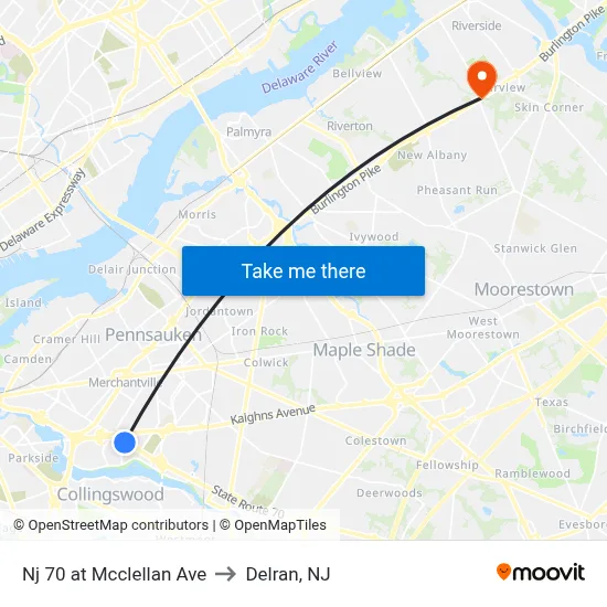 Nj 70 at Mcclellan Ave to Delran, NJ map