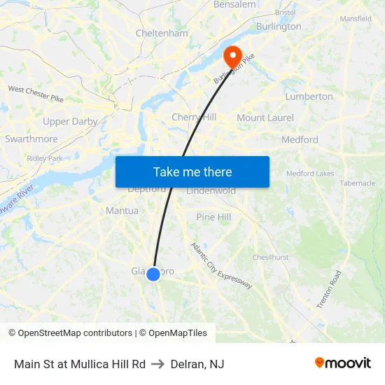 Main St at Mullica Hill Rd to Delran, NJ map