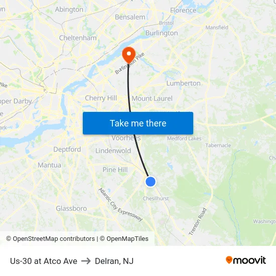 Us-30 at Atco Ave to Delran, NJ map