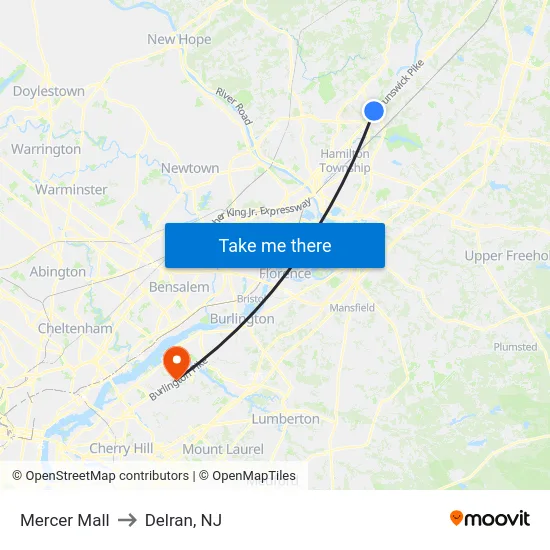 Mercer Mall to Delran, NJ map