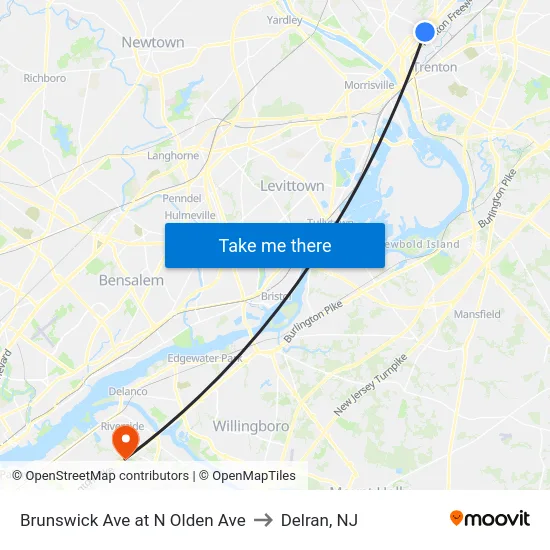 Brunswick Ave at N Olden Ave to Delran, NJ map