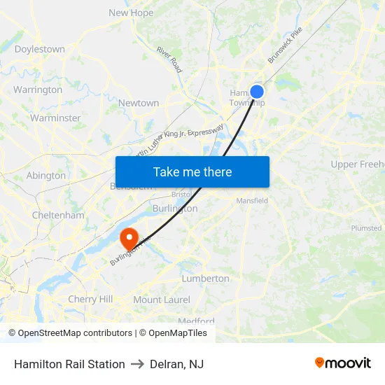 Hamilton Rail Station to Delran, NJ map