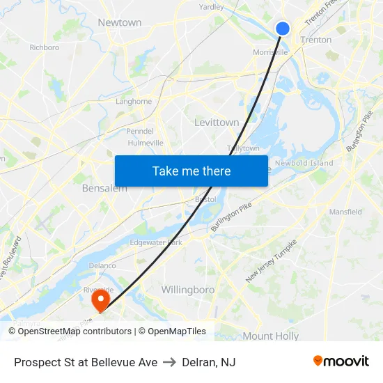 Prospect St at Bellevue Ave to Delran, NJ map