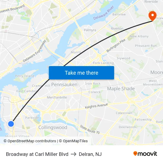 Broadway at Carl Miller Blvd to Delran, NJ map