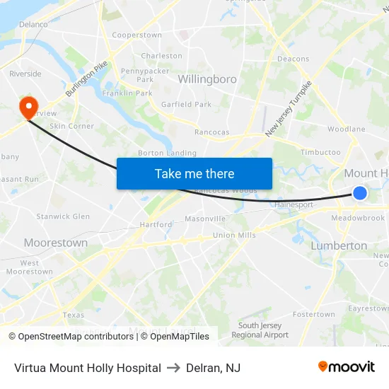 Virtua Mount Holly Hospital to Delran, NJ map