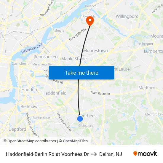 Haddonfield-Berlin Rd at Voorhees Dr to Delran, NJ map
