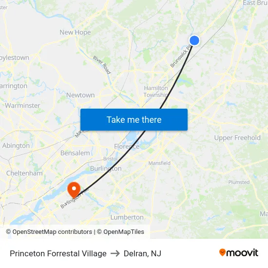 Princeton Forrestal Village to Delran, NJ map