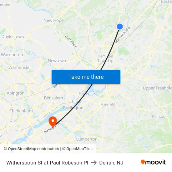 Witherspoon St at Paul Robeson Pl to Delran, NJ map