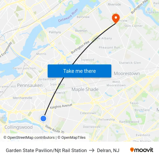 Garden State Pavilion/Njt Rail Station to Delran, NJ map