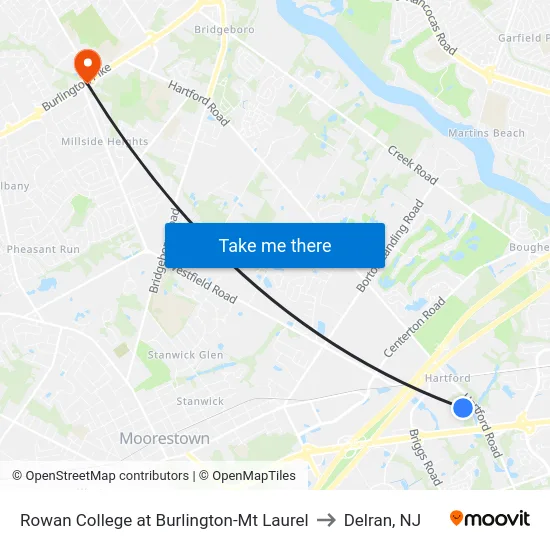 Rowan College at Burlington-Mt Laurel to Delran, NJ map