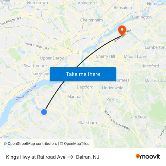 Kings Hwy at Railroad Ave to Delran, NJ map
