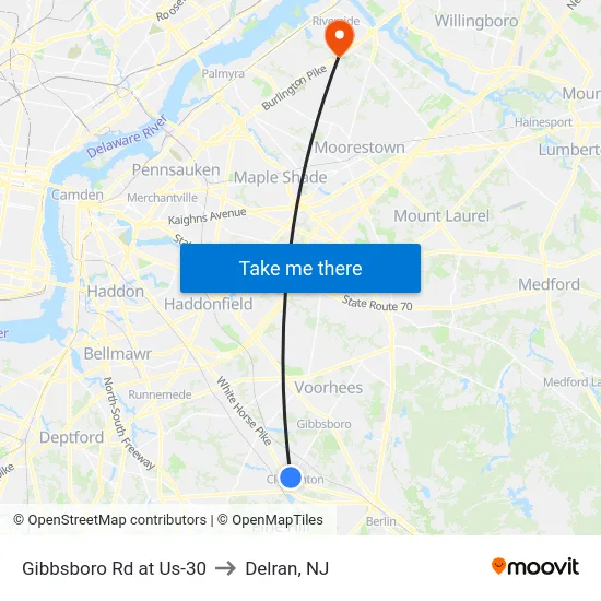 Gibbsboro Rd at Us-30 to Delran, NJ map
